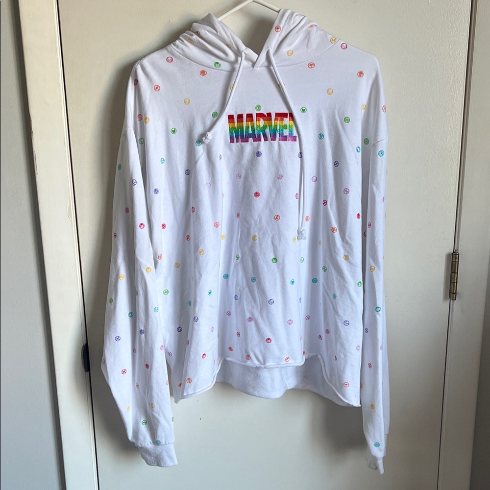 Like New! Marvel White Hoodie with Rainbow Logo and Multicolor Character Print